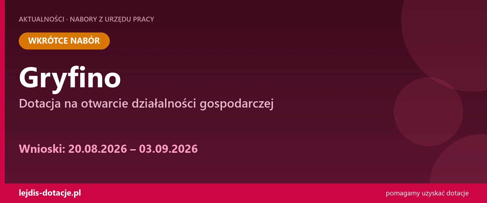 PUP Gryfino ogłasza nabór — dotacja na otwarcie działalności gospodarczej (20 sierpnia 2026)