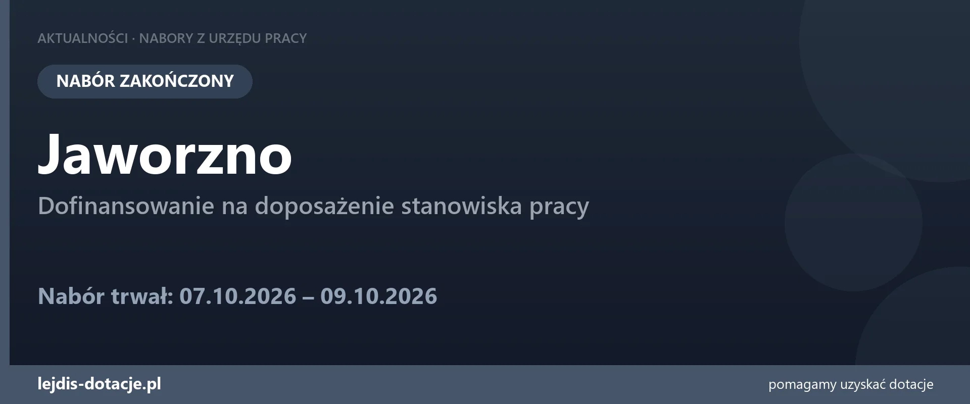 PUP Jaworzno zakończył nabór — dofinansowanie na doposażenie stanowiska pracy (9 października 2026)