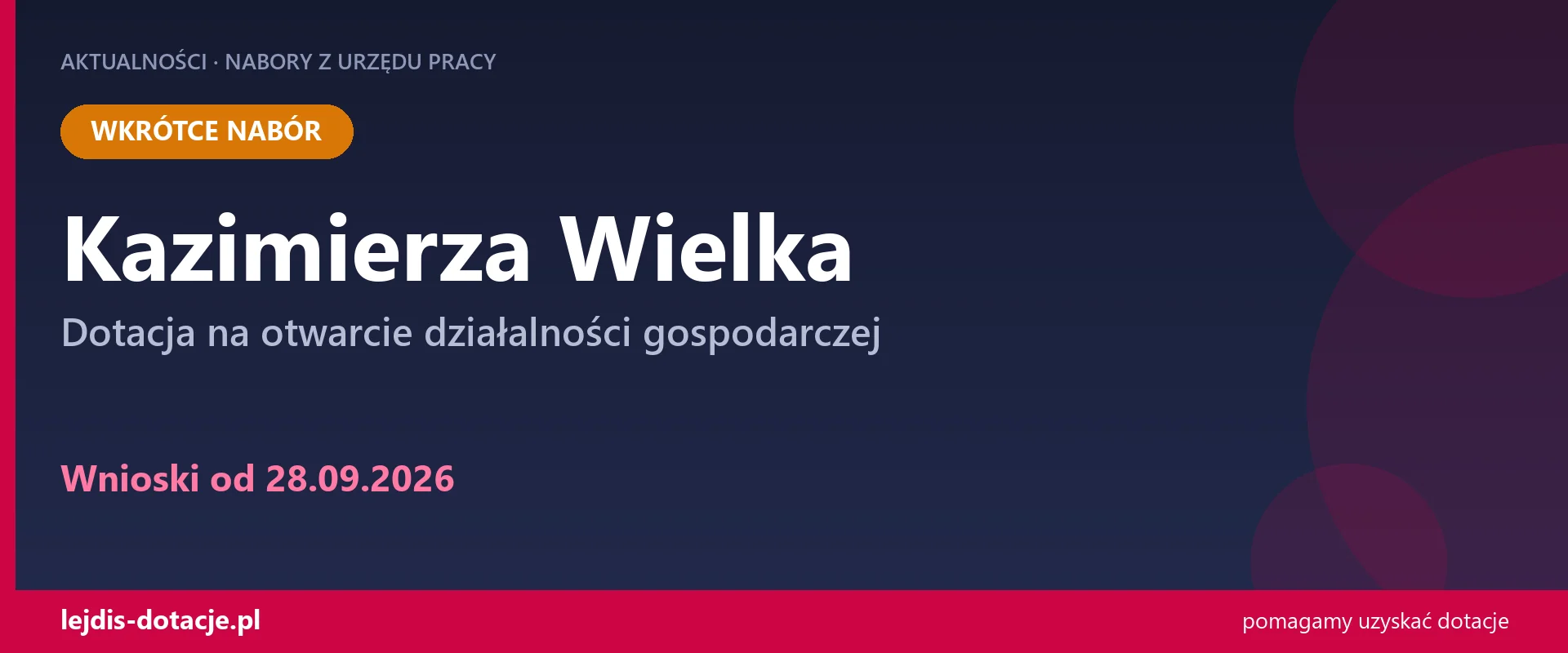 PUP Kazimierza Wielka ogłasza nabór — dotacja na otwarcie działalności gospodarczej (28 września 2026)