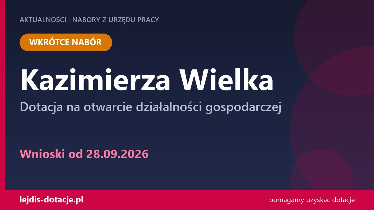 PUP Kazimierza Wielka ogłasza nabór — dotacja na otwarcie działalności gospodarczej (28 września 2026)