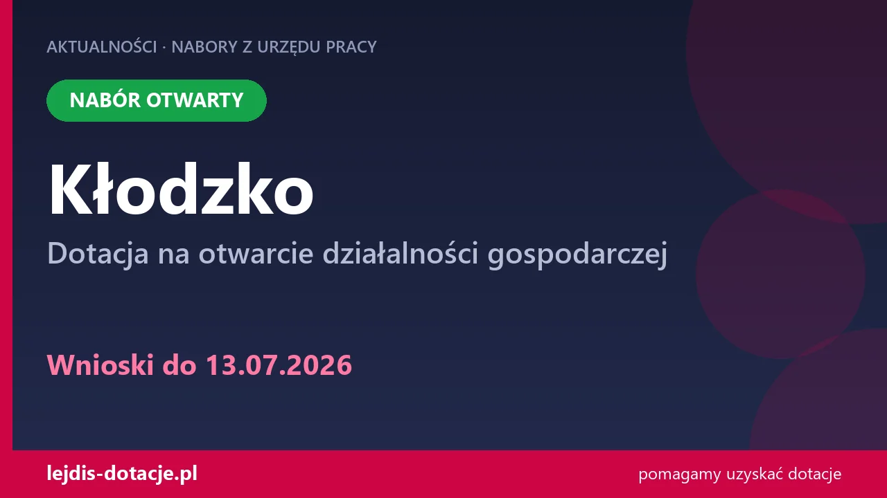PUP Kłodzko przyjmuje wnioski — dotacja na otwarcie działalności gospodarczej (13 lipca 2026)