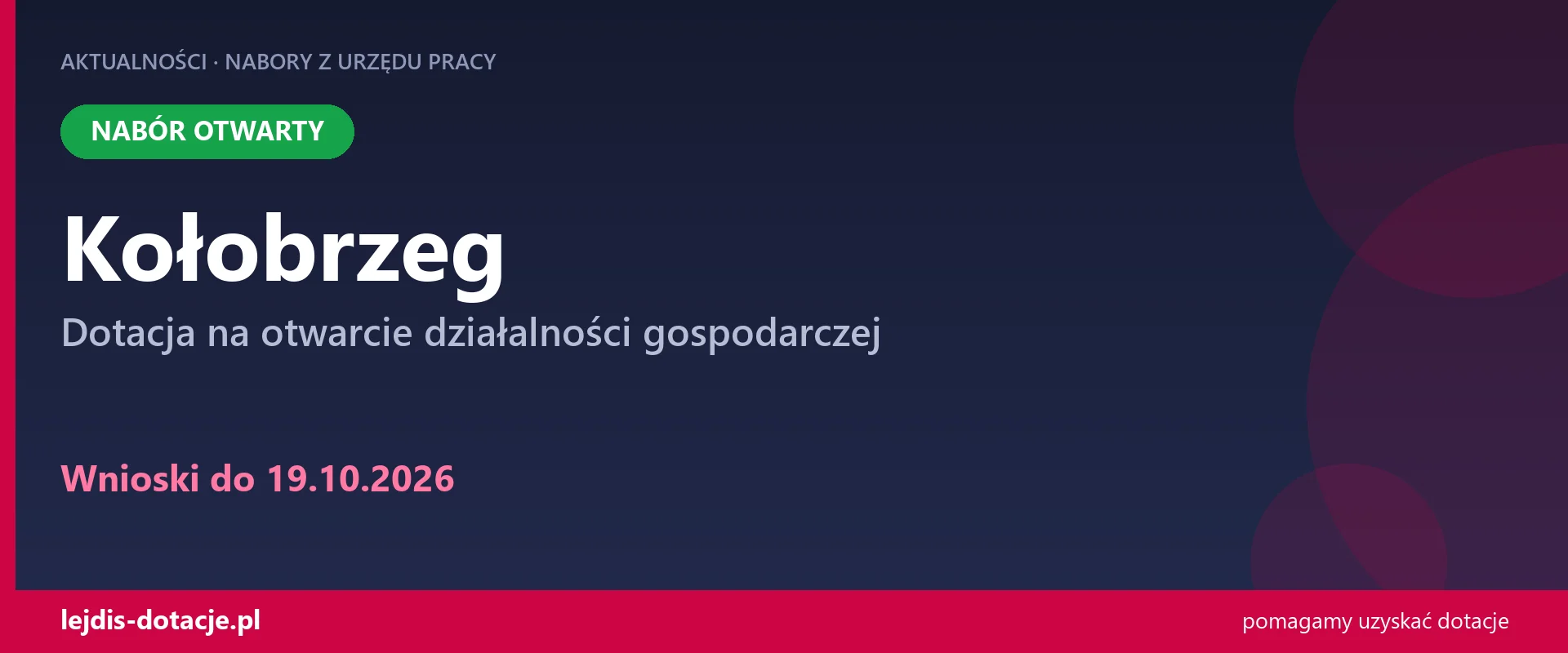 PUP Kołobrzeg przyjmuje wnioski — dotacja na otwarcie działalności gospodarczej (19 października 2026)