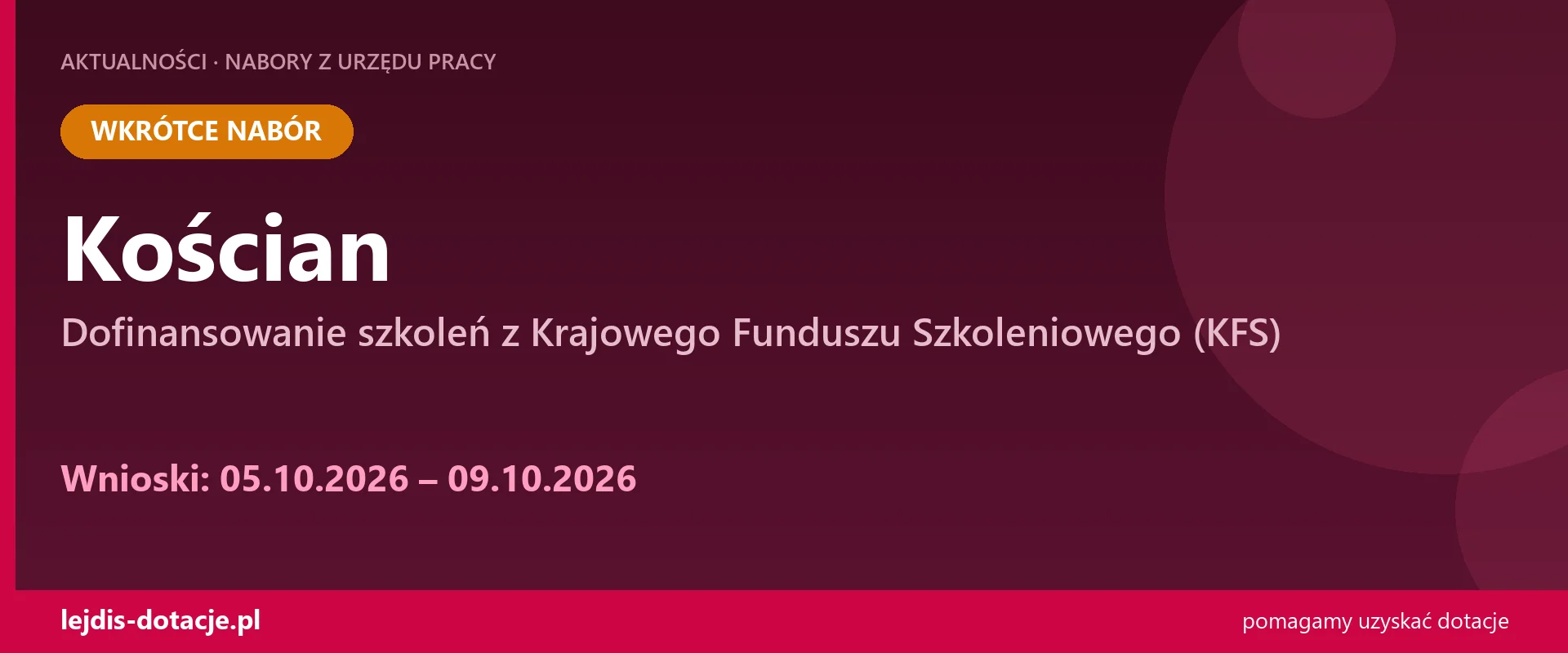 PUP Kościan ogłasza nabór — dofinansowanie szkoleń z Krajowego Funduszu Szkoleniowego (KFS (5 października 2026)