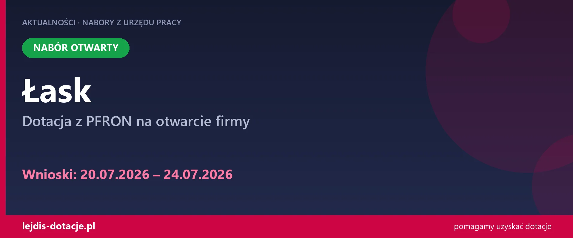 PUP Łask przyjmuje wnioski — dotacja z PFRON na otwarcie firmy (20 lipca 2026)