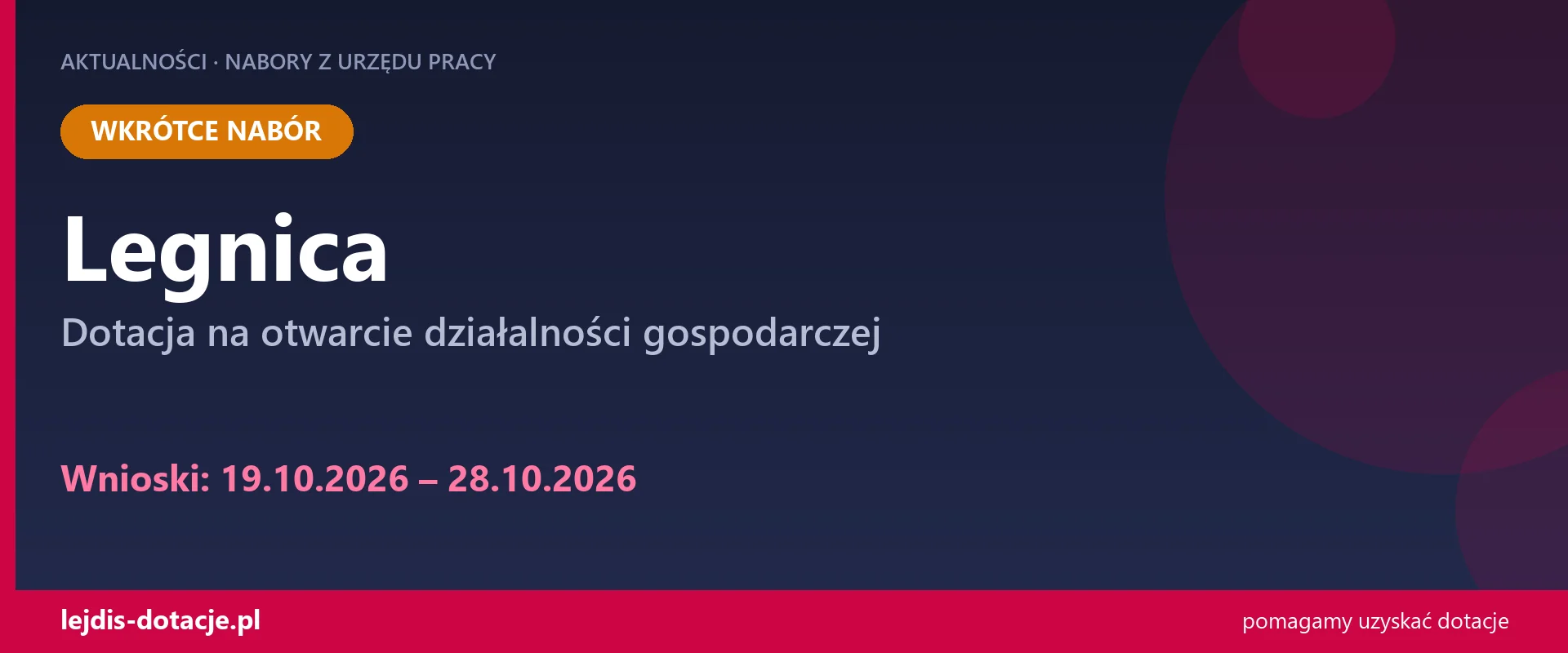 PUP Legnica ogłasza nabór — dotacja na otwarcie działalności gospodarczej (19 października 2026)