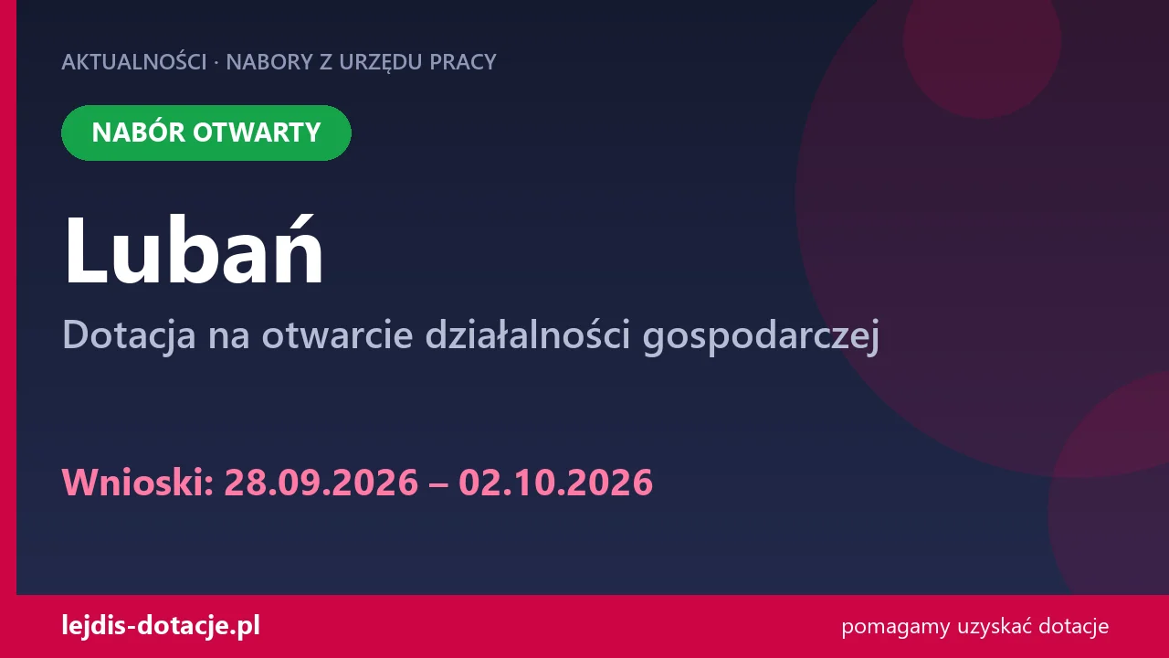 PUP Lubań przyjmuje wnioski — dotacja na otwarcie działalności gospodarczej (28 września 2026)