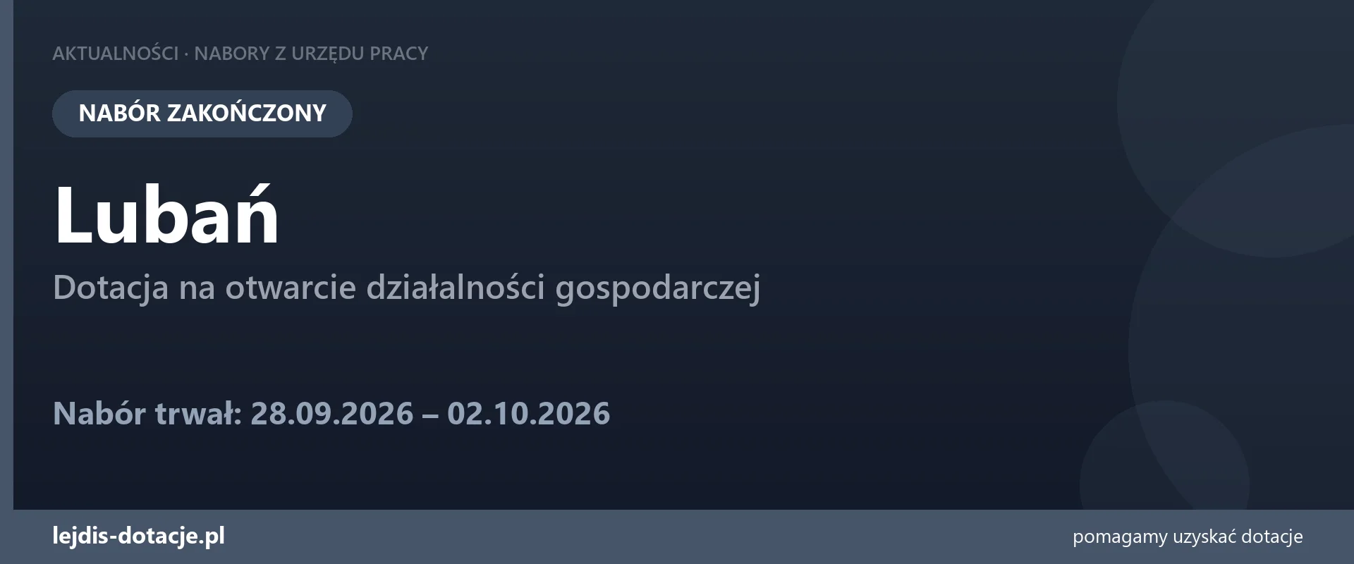 PUP Lubań zakończył nabór — dotacja na otwarcie działalności gospodarczej (2 października 2026)