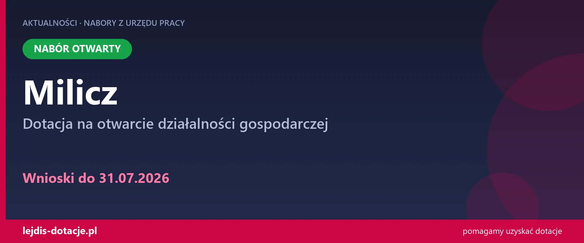 PUP Milicz przyjmuje wnioski — dotacja na otwarcie działalności gospodarczej (31 lipca 2026)