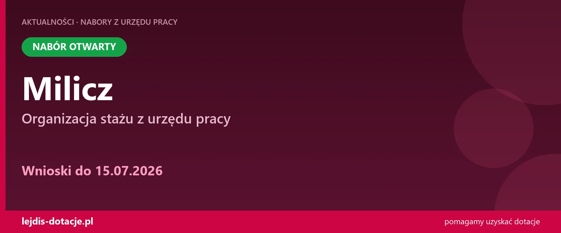 PUP Milicz przyjmuje wnioski — organizacja stażu z urzędu pracy (15 lipca 2026)
