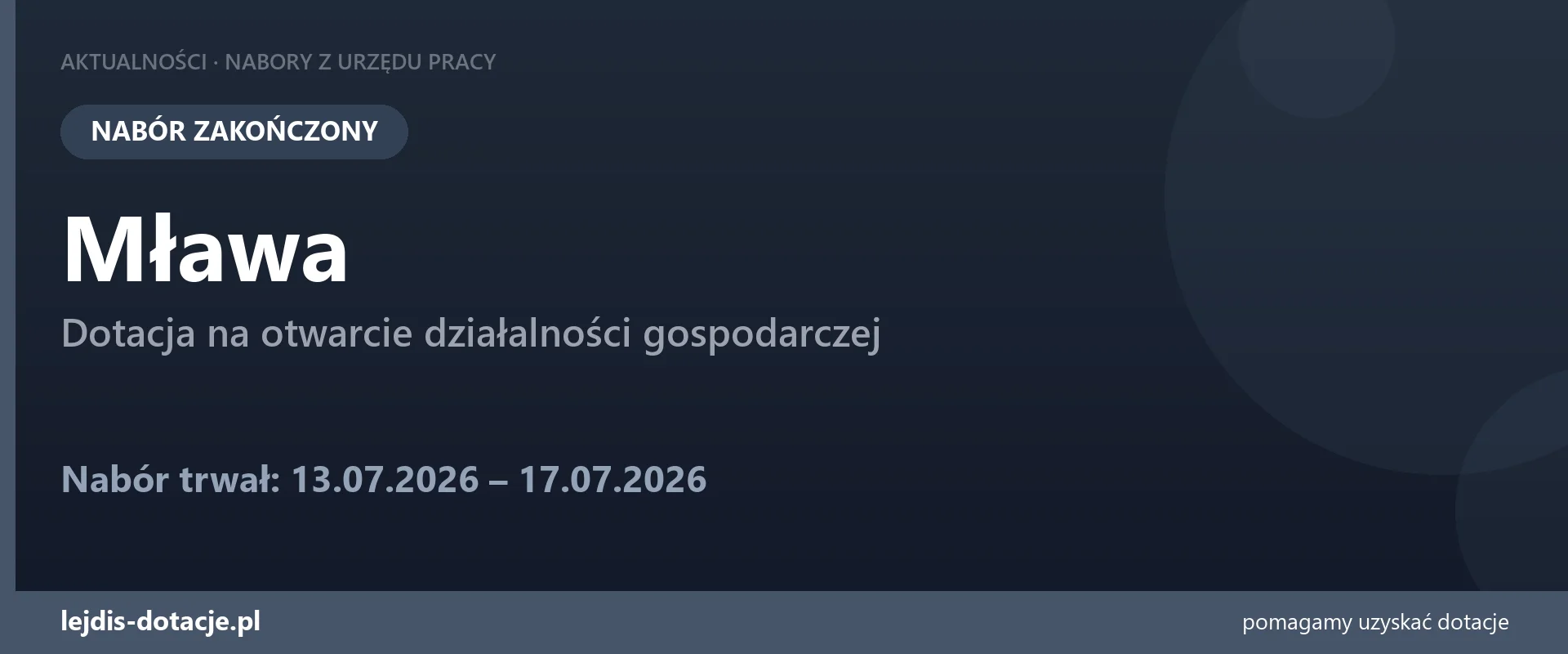 PUP Mława zakończył nabór — dotacja na otwarcie działalności gospodarczej (17 lipca 2026)