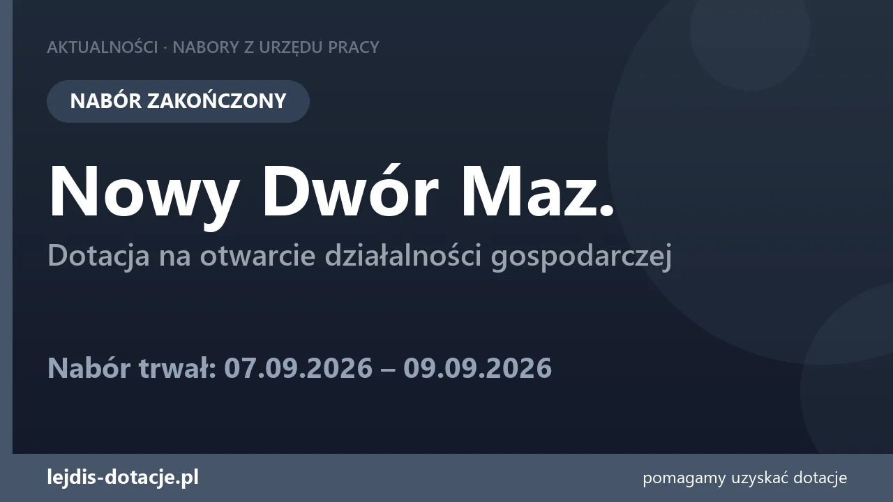 PUP Nowy Dwór Maz. zakończył nabór — dotacja na otwarcie działalności gospodarczej (9 września 2026)