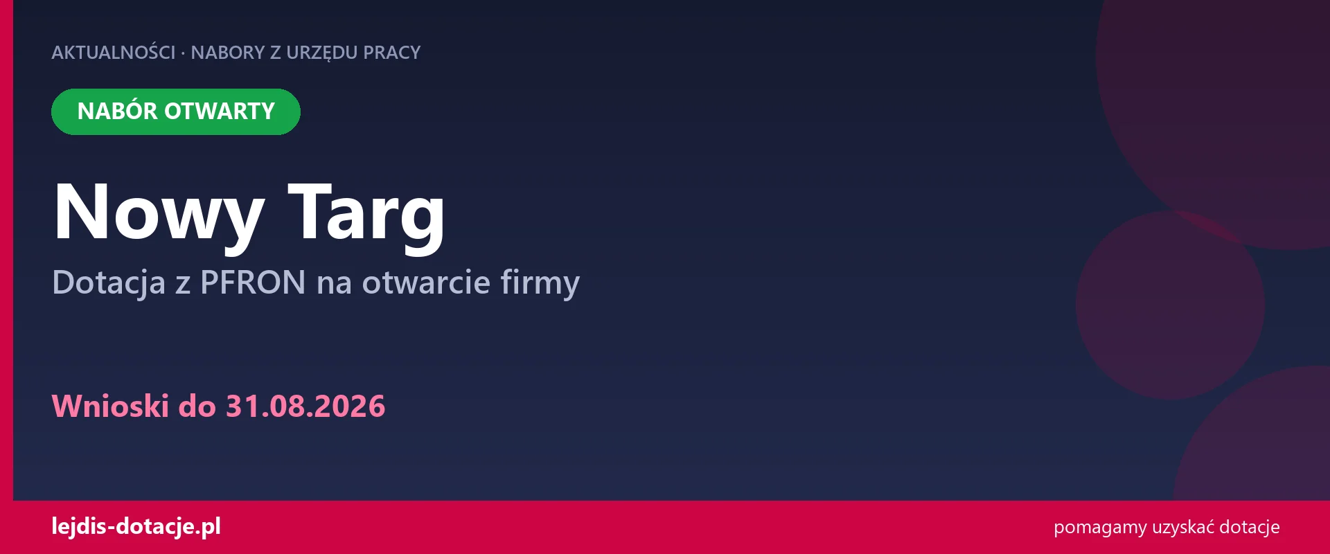 PUP Nowy Targ przyjmuje wnioski — dotacja z PFRON na otwarcie firmy (31 sierpnia 2026)