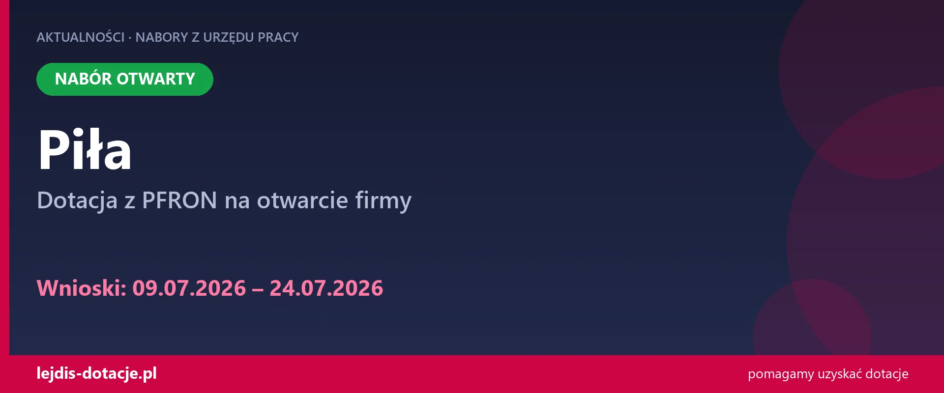 PUP Piła przyjmuje wnioski — dotacja z PFRON na otwarcie firmy (9 lipca 2026)