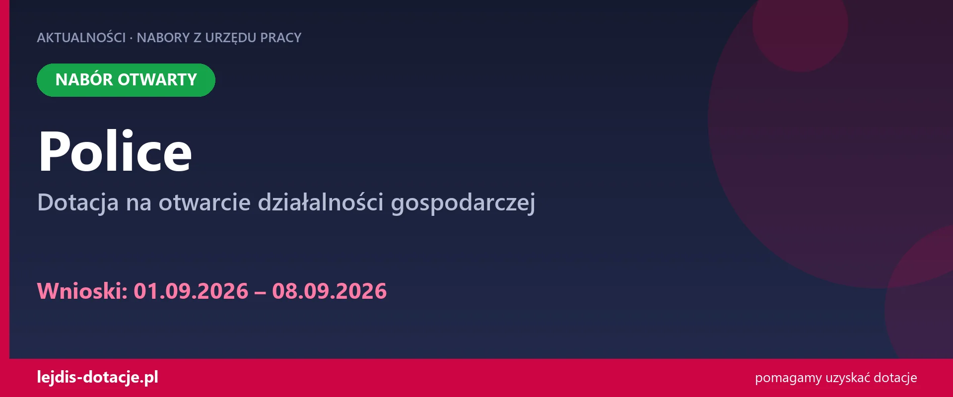 PUP Police przyjmuje wnioski — dotacja na otwarcie działalności gospodarczej (1 września 2026)