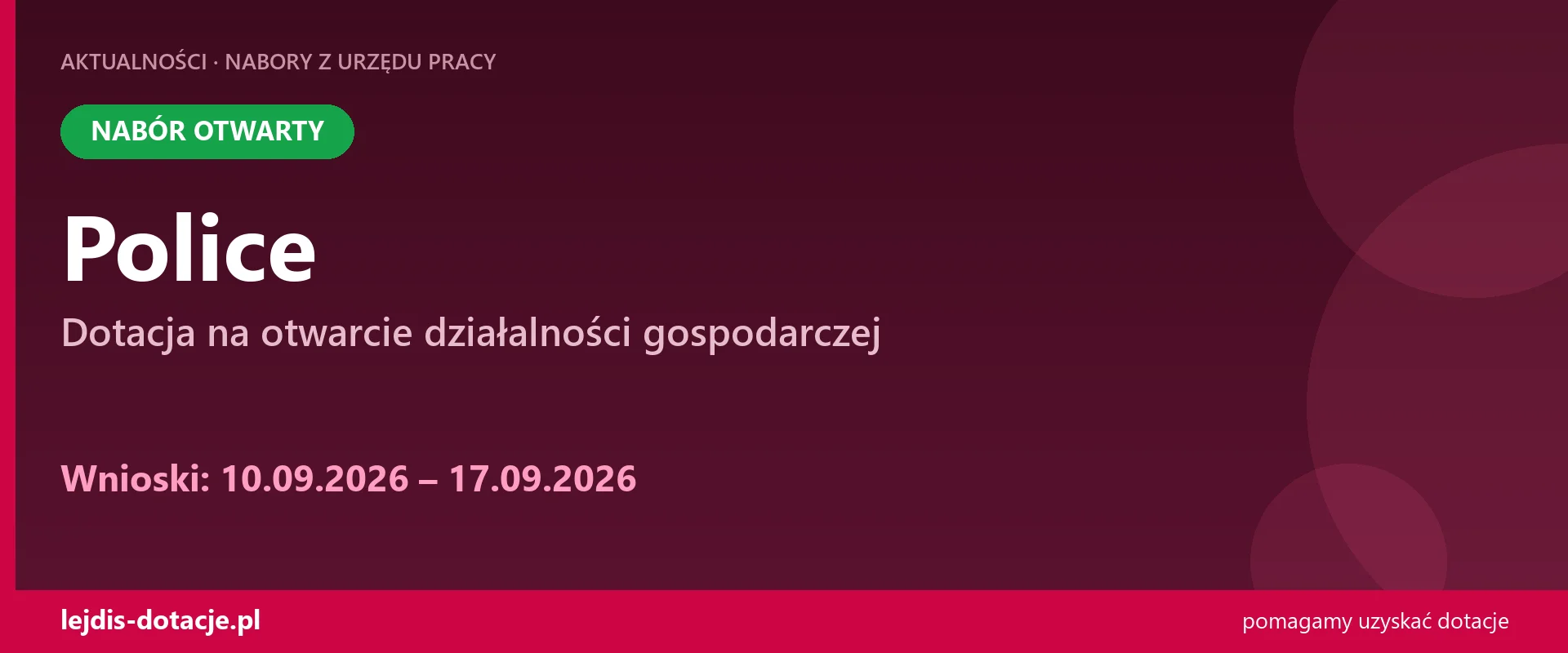 PUP Police przyjmuje wnioski — dotacja na otwarcie działalności gospodarczej (10 września 2026)