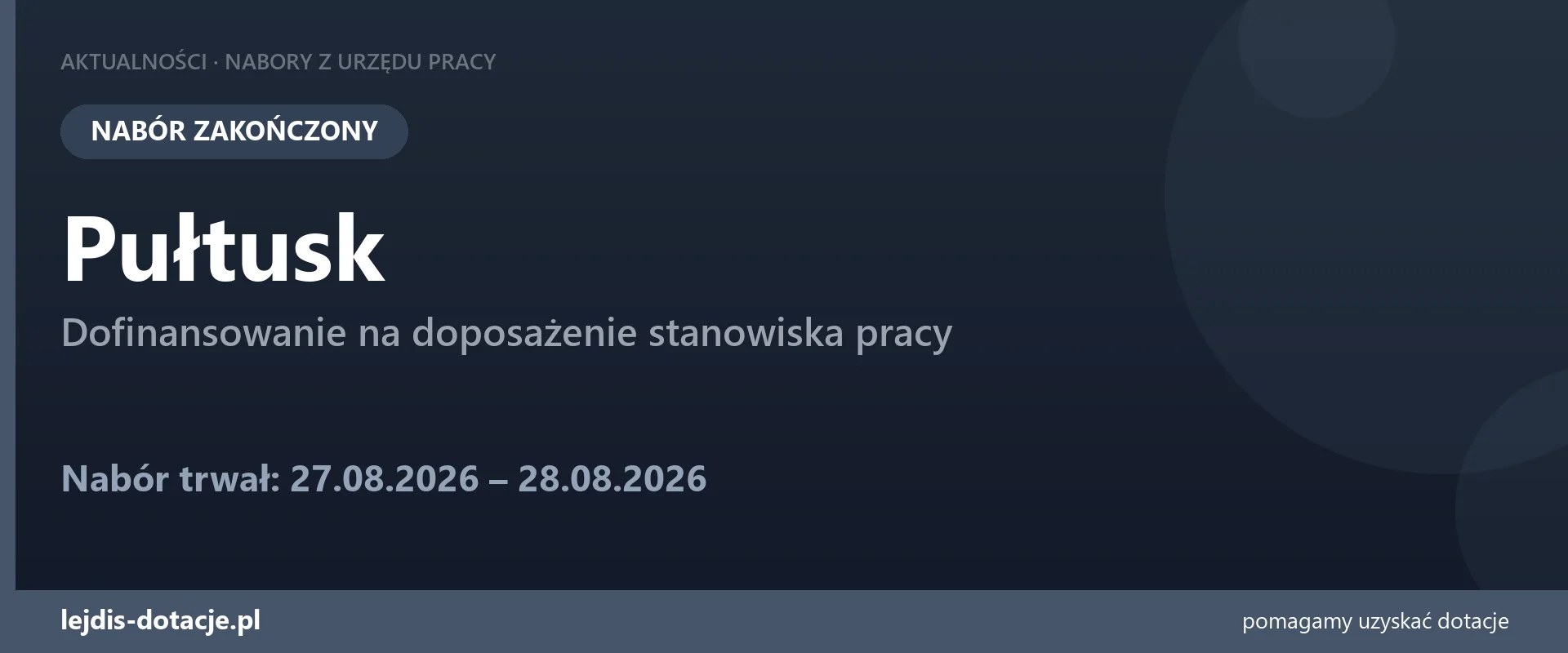 PUP Pułtusk zakończył nabór — dofinansowanie na doposażenie stanowiska pracy (28 sierpnia 2026)