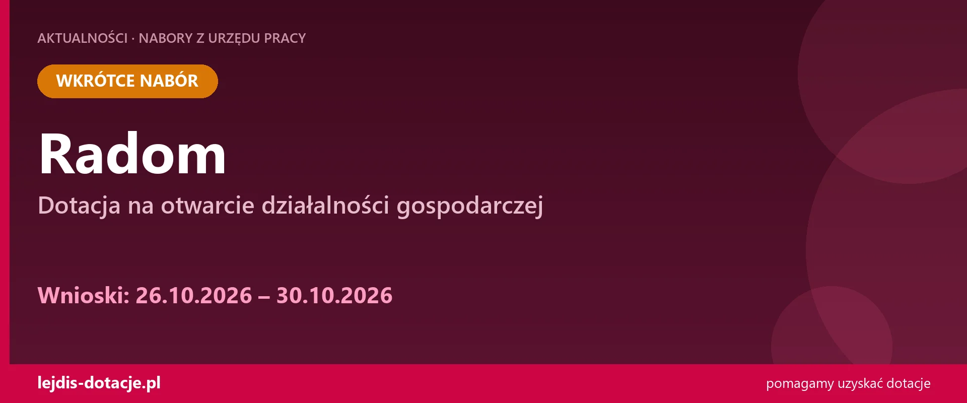 PUP Radom ogłasza nabór — dotacja na otwarcie działalności gospodarczej (26 października 2026)