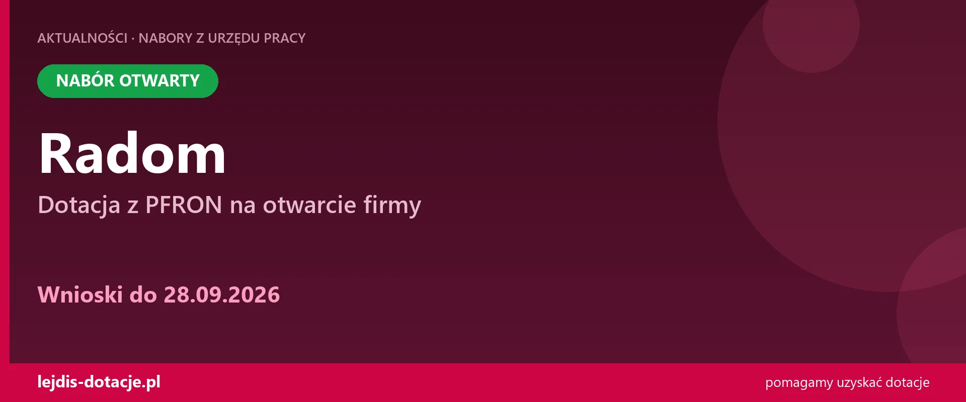 PUP Radom przyjmuje wnioski — dotacja z PFRON na otwarcie firmy (28 września 2026)