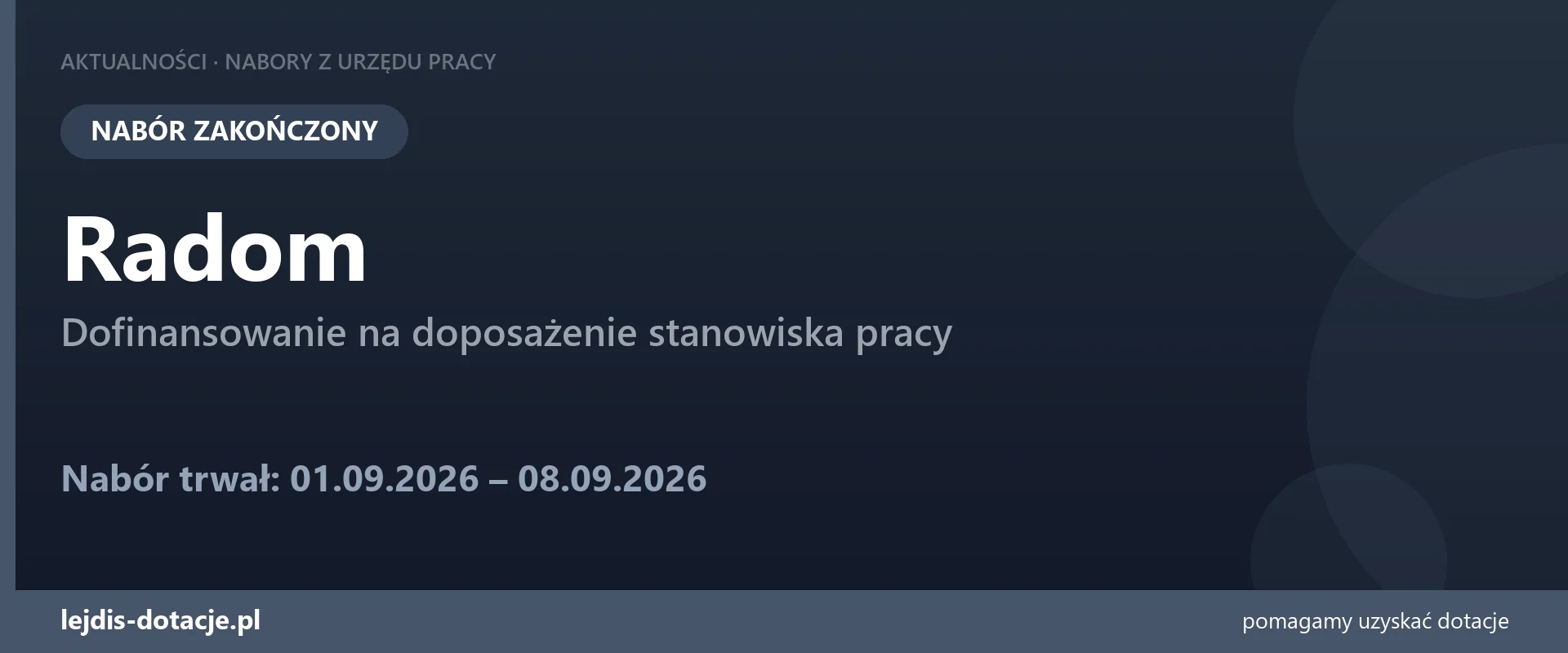 PUP Radom zakończył nabór — dofinansowanie na doposażenie stanowiska pracy (8 września 2026)