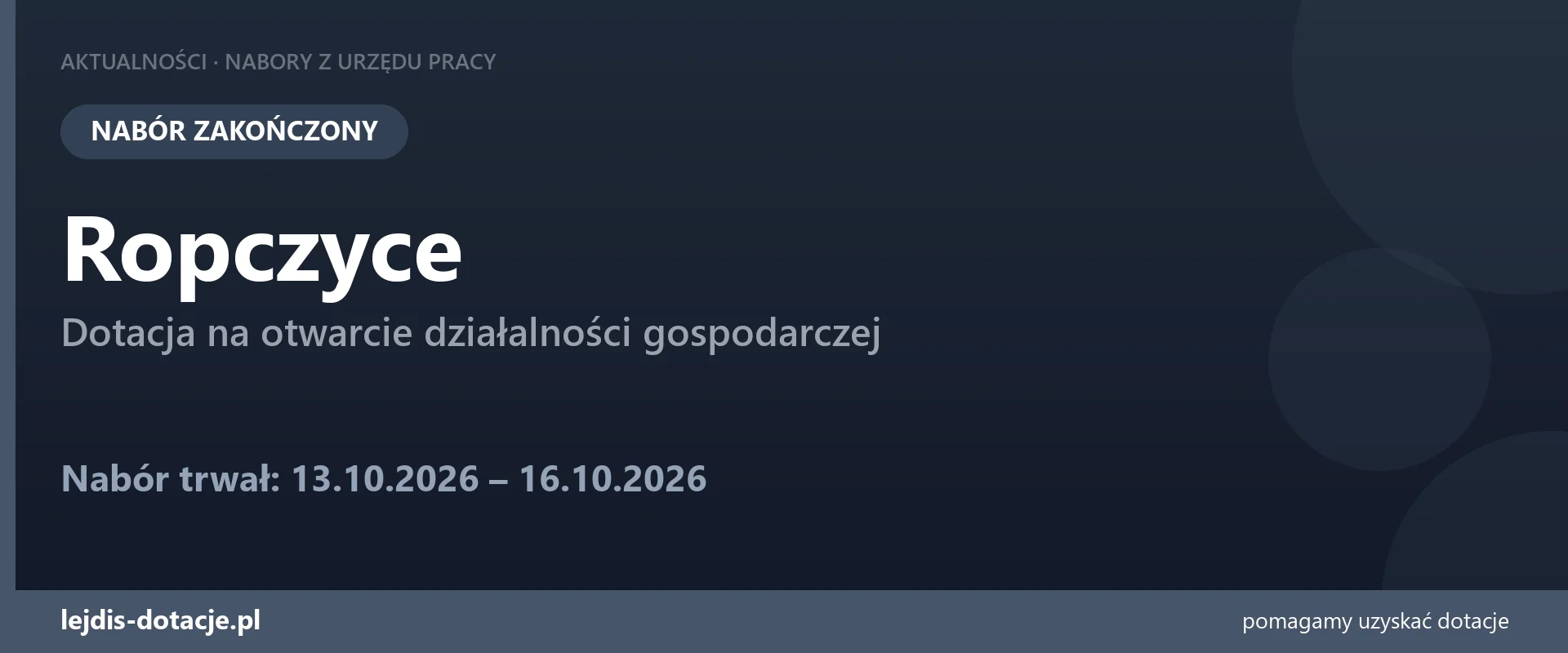 PUP Ropczyce zakończył nabór — dotacja na otwarcie działalności gospodarczej (16 października 2026)