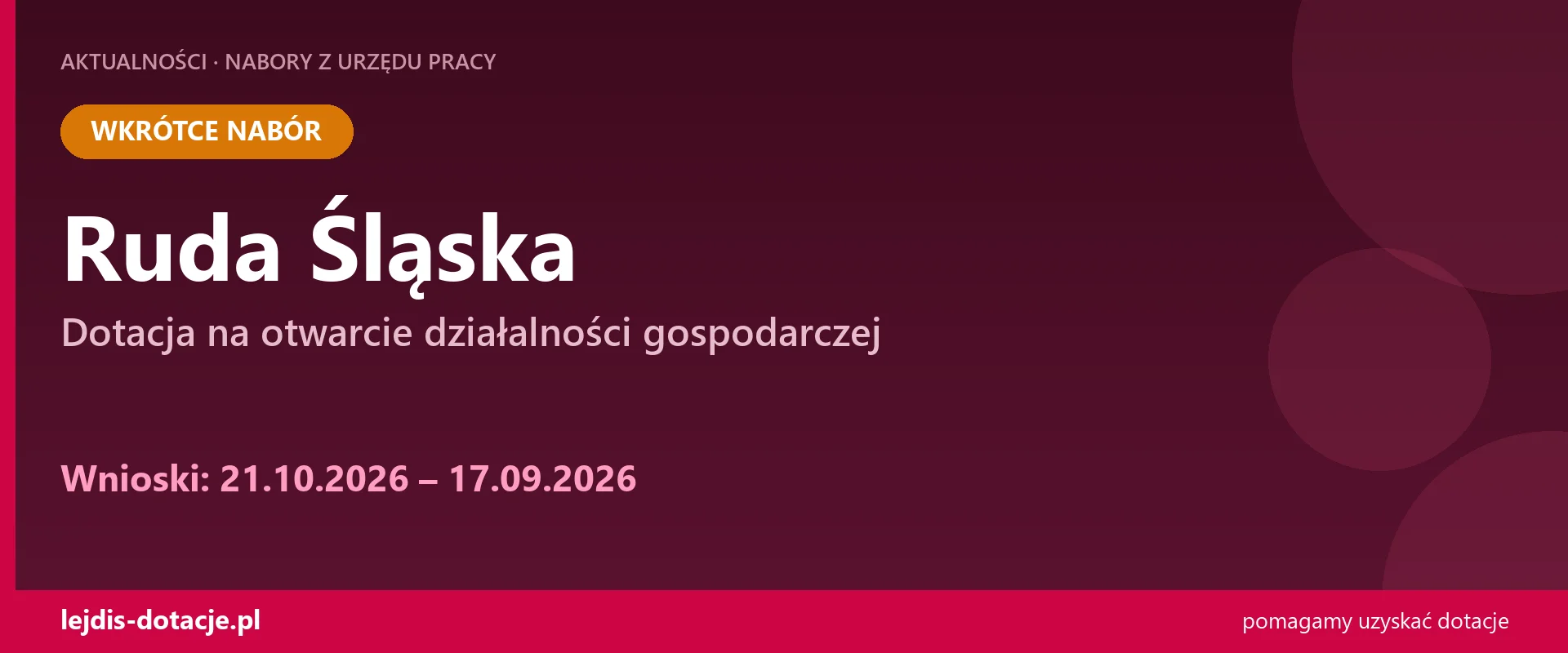 PUP Ruda Śląska ogłasza nabór — dotacja na otwarcie działalności gospodarczej (21 października 2026)