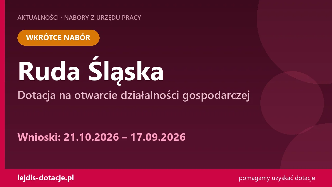 PUP Ruda Śląska ogłasza nabór — dotacja na otwarcie działalności gospodarczej (21 października 2026)