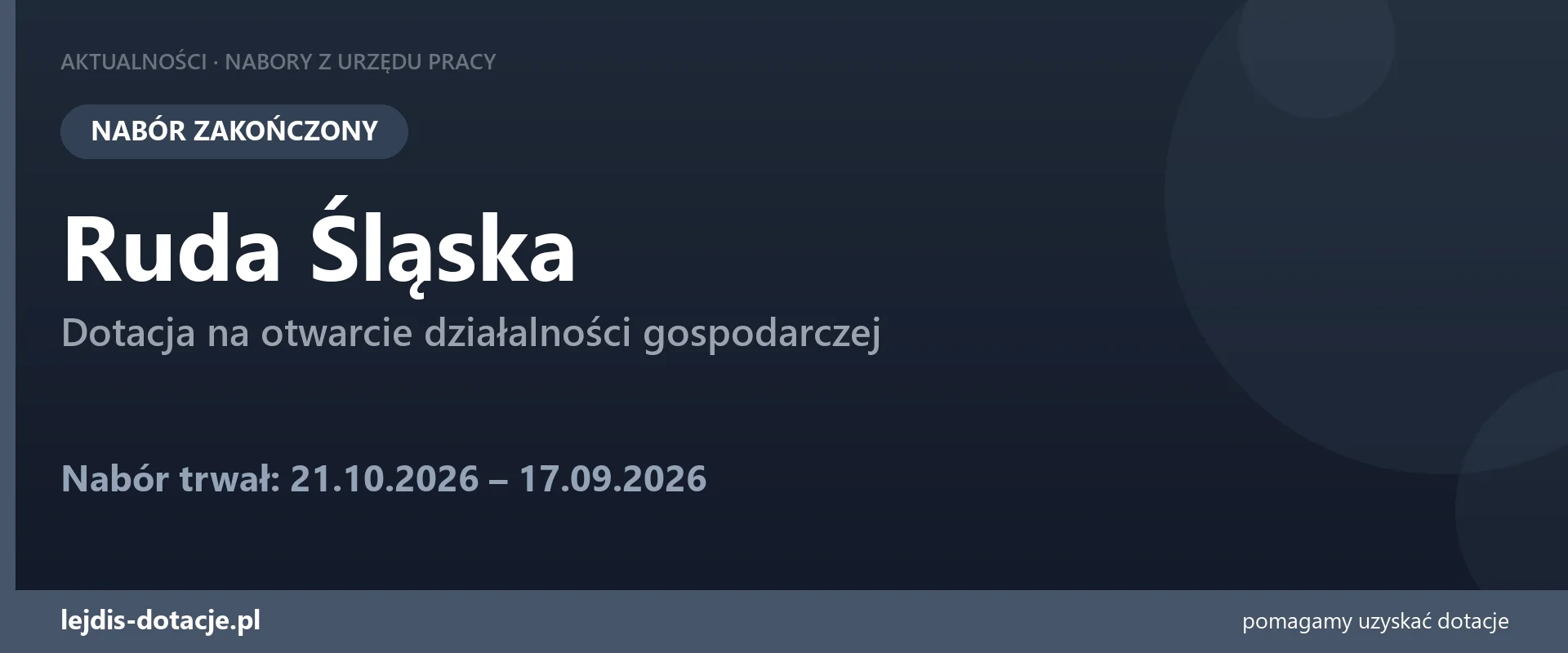 PUP Ruda Śląska zakończył nabór — dotacja na otwarcie działalności gospodarczej (17 września 2026)