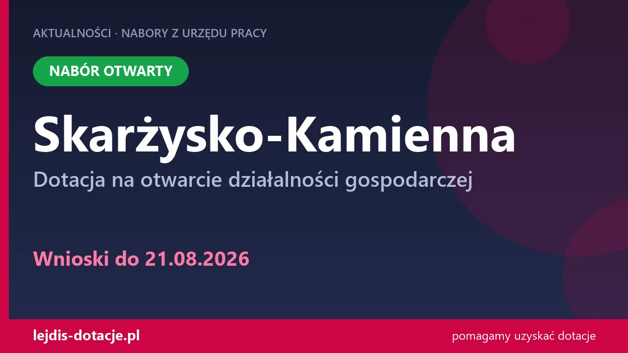 PUP Skarżysko-Kamienna przyjmuje wnioski — dotacja na otwarcie działalności gospodarczej (21 sierpnia 2026)