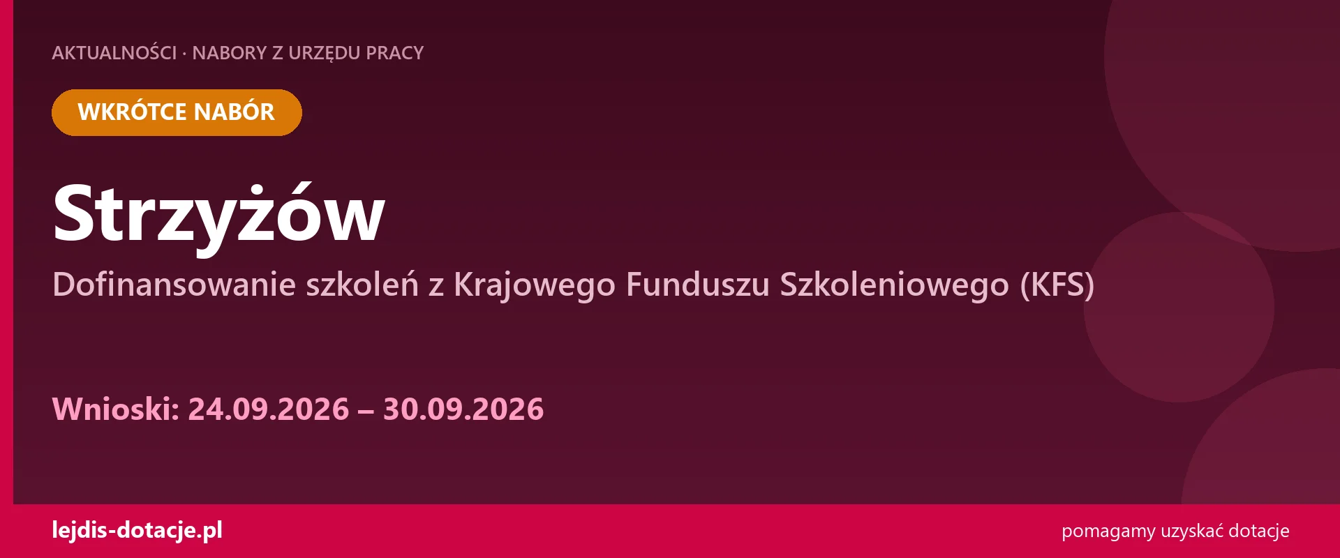 PUP Strzyżów ogłasza nabór — dofinansowanie szkoleń z Krajowego Funduszu Szkoleniowego (KF (24 września 2026)