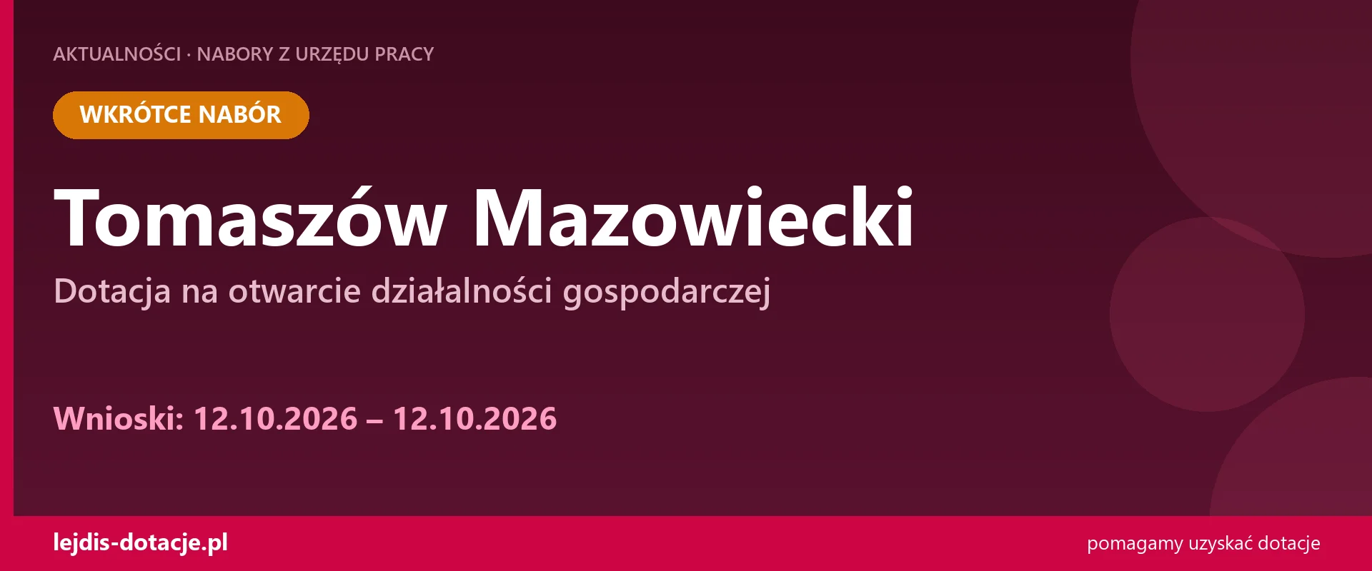 PUP Tomaszów Mazowiecki ogłasza nabór — dotacja na otwarcie działalności gospodarczej (12 października 2026)