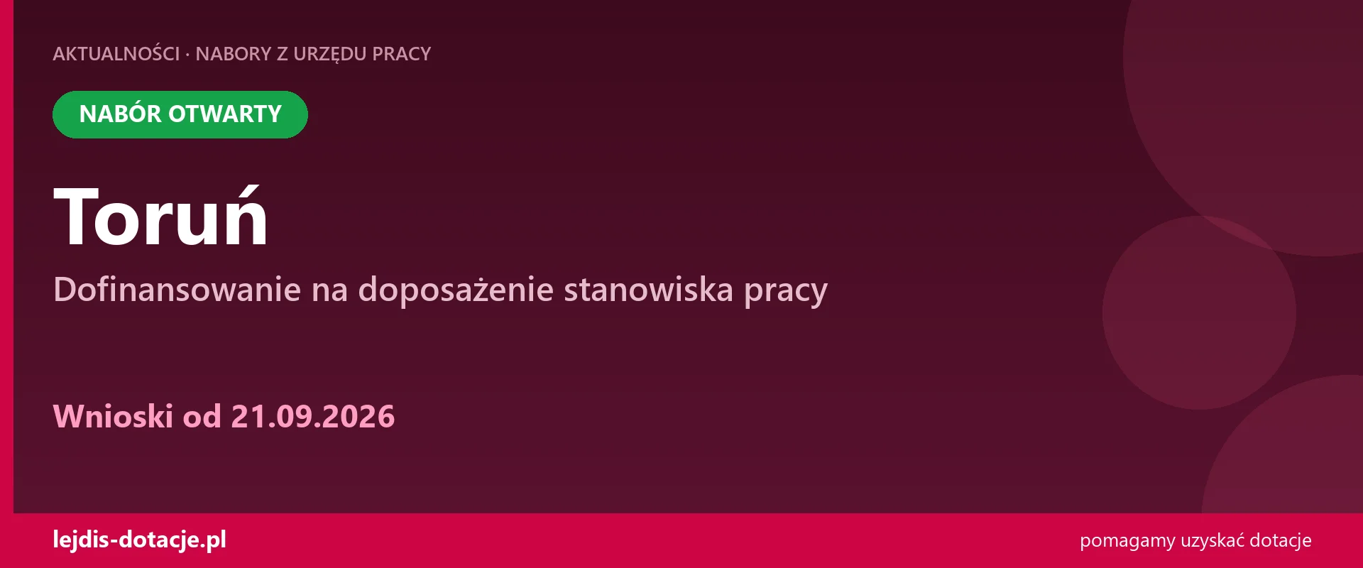PUP Toruń przyjmuje wnioski — dofinansowanie na doposażenie stanowiska pracy (21 września 2026)
