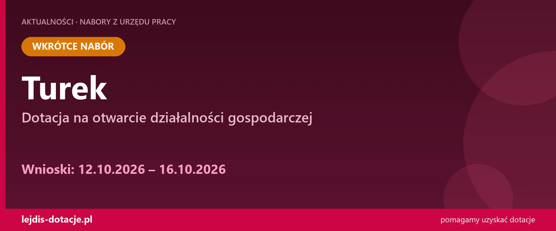 PUP Turek ogłasza nabór — dotacja na otwarcie działalności gospodarczej (12 października 2026)