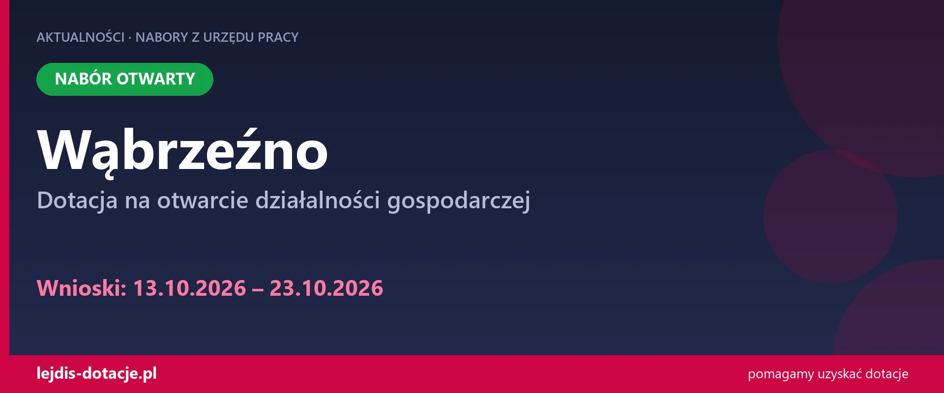 PUP Wąbrzeźno przyjmuje wnioski — dotacja na otwarcie działalności gospodarczej (13 października 2026)
