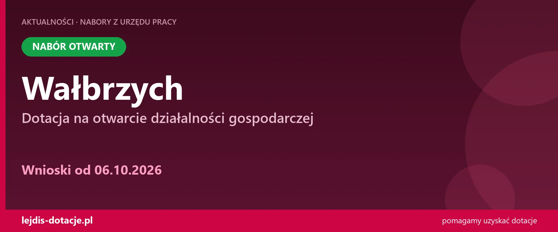 PUP Wałbrzych przyjmuje wnioski — dotacja na otwarcie działalności gospodarczej (6 października 2026)
