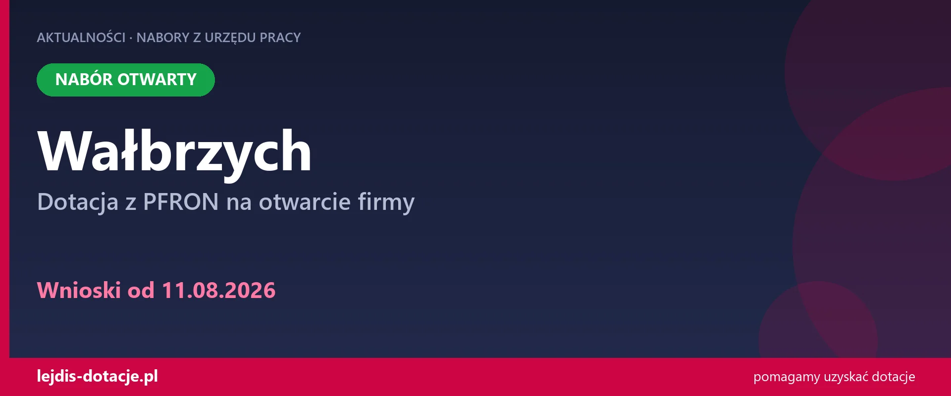 PUP Wałbrzych przyjmuje wnioski — dotacja z PFRON na otwarcie firmy (11 sierpnia 2026)