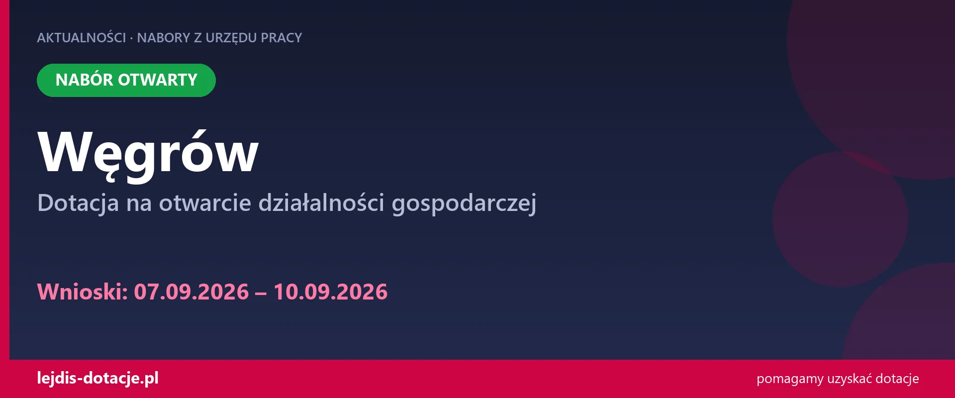 PUP Węgrów przyjmuje wnioski — dotacja na otwarcie działalności gospodarczej (7 września 2026)