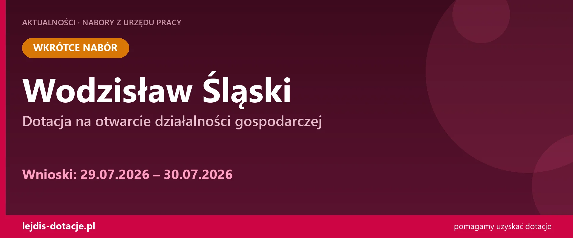 PUP Wodzisław Śląski ogłasza nabór — dotacja na otwarcie działalności gospodarczej (29 lipca 2026)