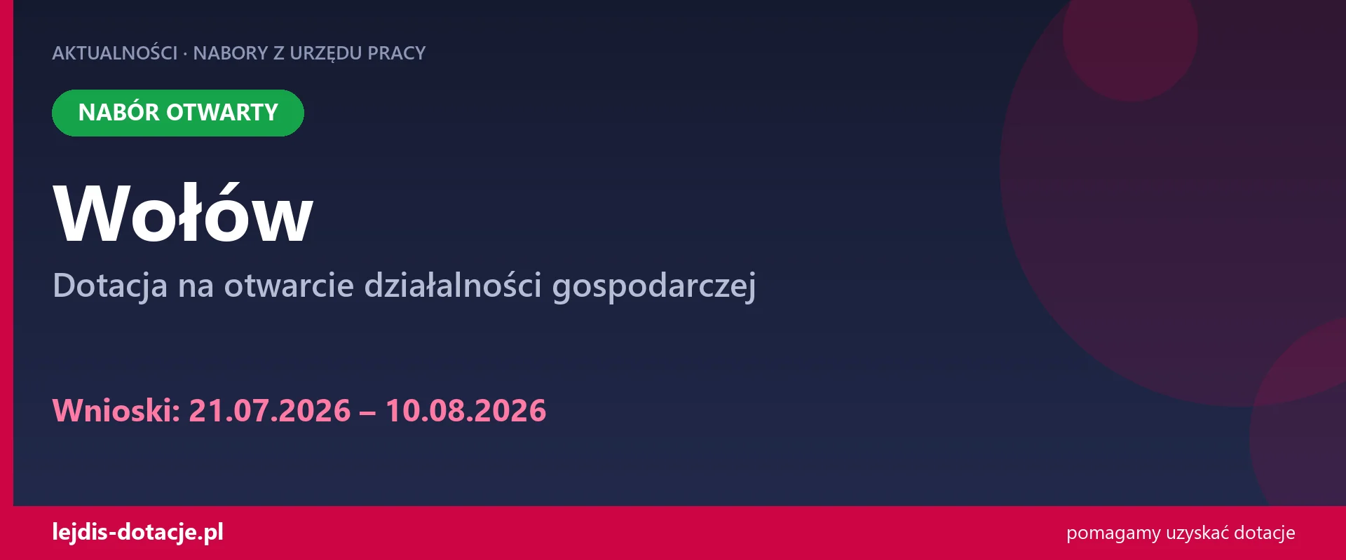 PUP Wołów przyjmuje wnioski — dotacja na otwarcie działalności gospodarczej (21 lipca 2026)
