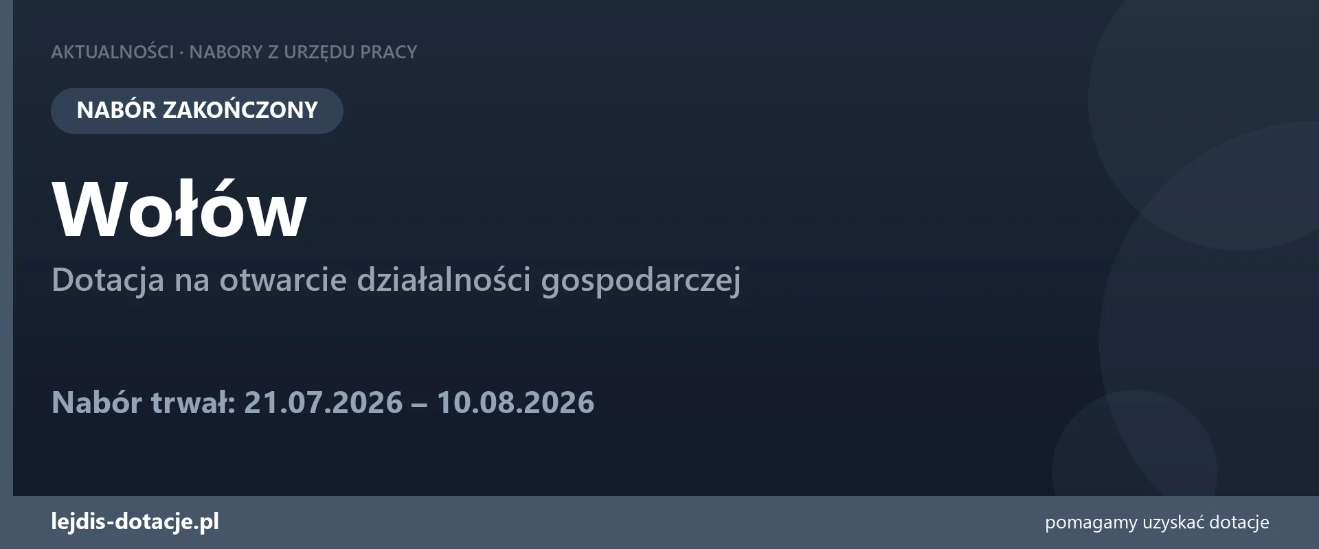 PUP Wołów zakończył nabór — dotacja na otwarcie działalności gospodarczej (10 sierpnia 2026)