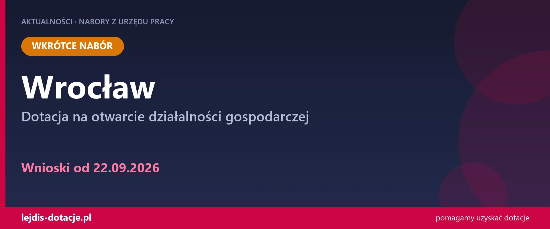 PUP Wrocław ogłasza nabór — dotacja na otwarcie działalności gospodarczej (22 września 2026)