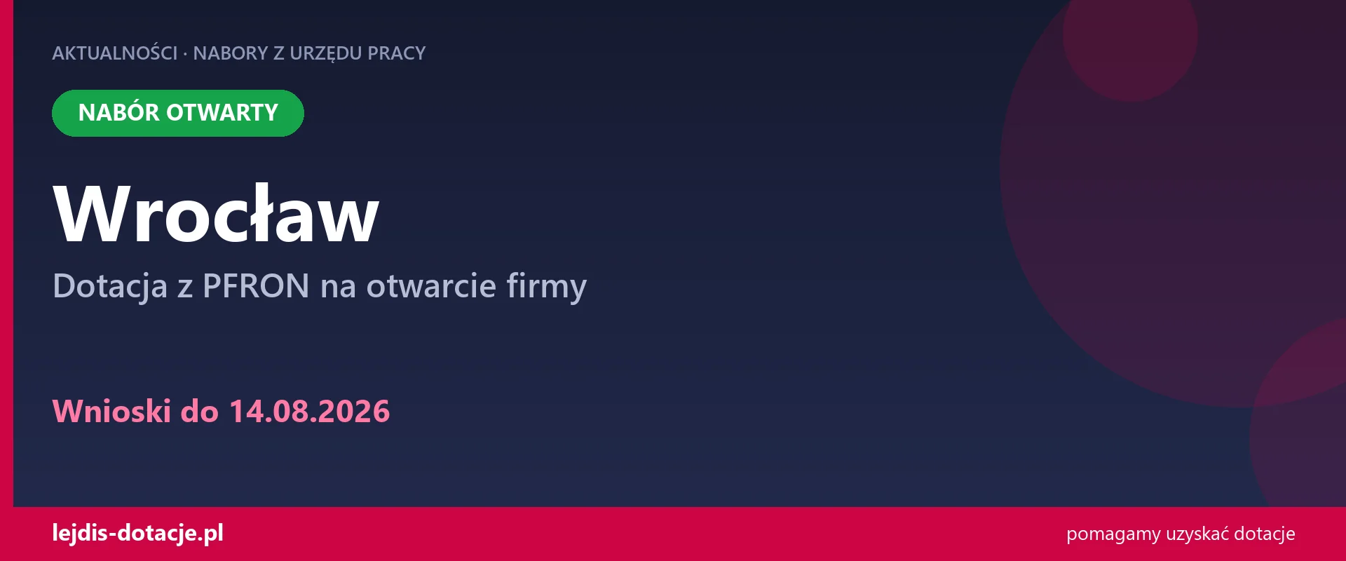 PUP Wrocław przyjmuje wnioski — dotacja z PFRON na otwarcie firmy (14 sierpnia 2026)