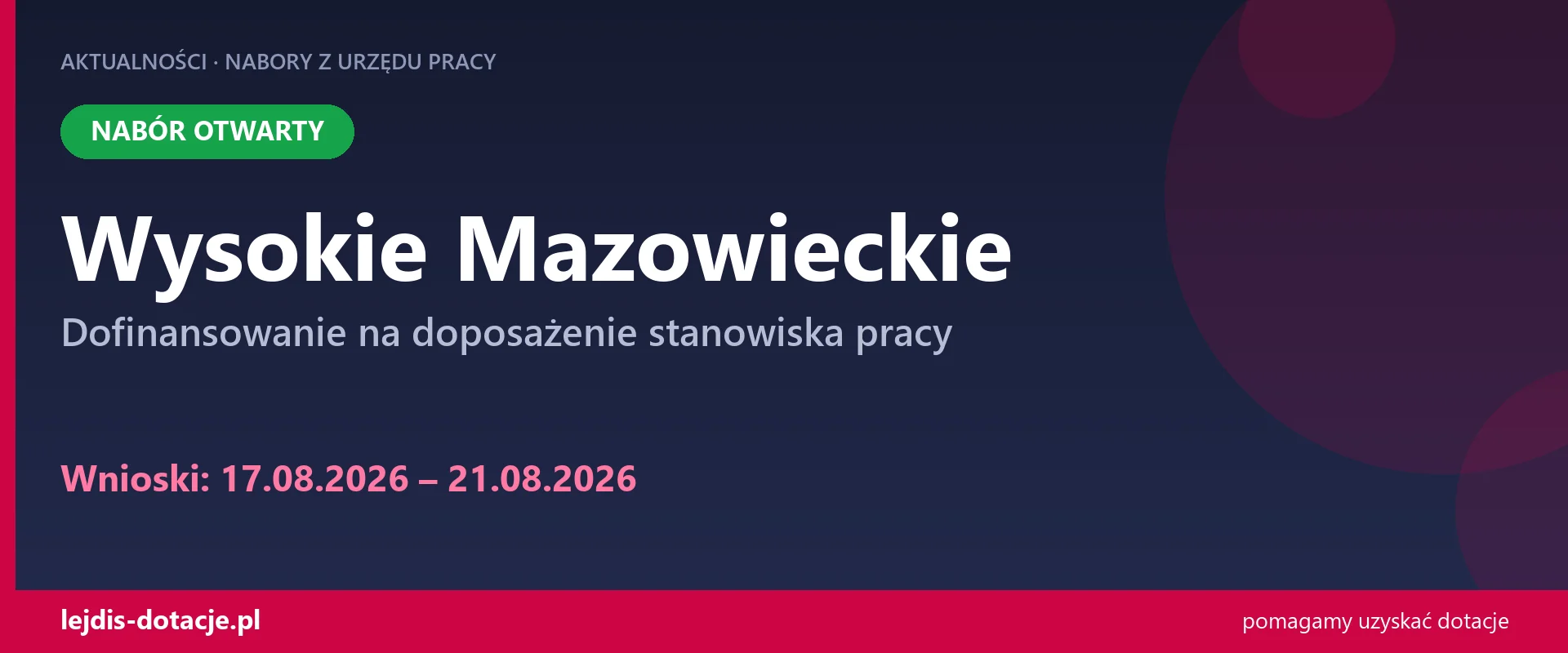 PUP Wysokie Mazowieckie przyjmuje wnioski — dofinansowanie na doposażenie stanowiska pracy (17 sierpnia 2026)