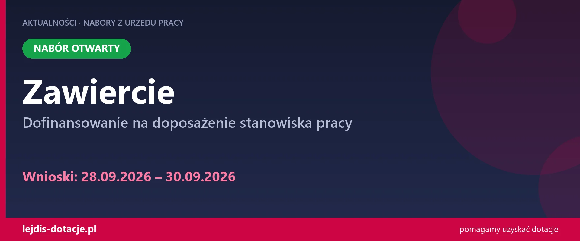 PUP Zawiercie przyjmuje wnioski — dofinansowanie na doposażenie stanowiska pracy (28 września 2026)