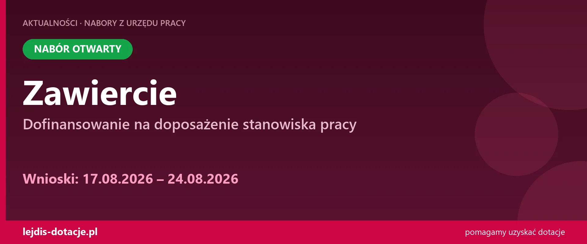 PUP Zawiercie przyjmuje wnioski — dofinansowanie na doposażenie stanowiska pracy (17 sierpnia 2026)
