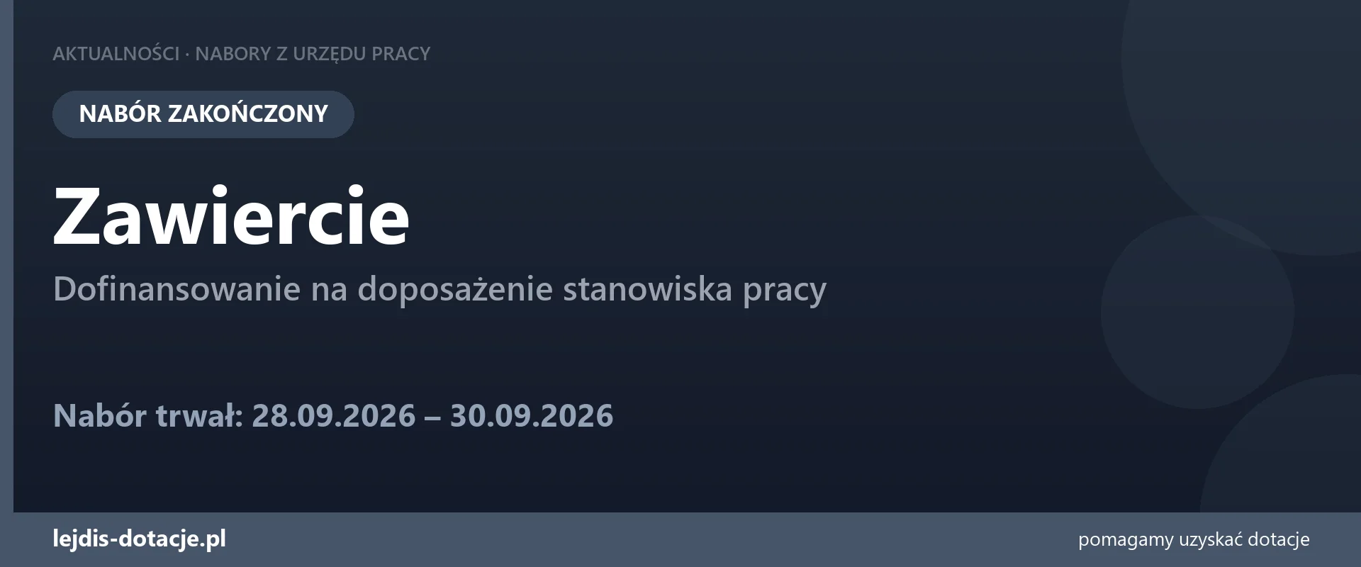 PUP Zawiercie zakończył nabór — dofinansowanie na doposażenie stanowiska pracy (30 września 2026)