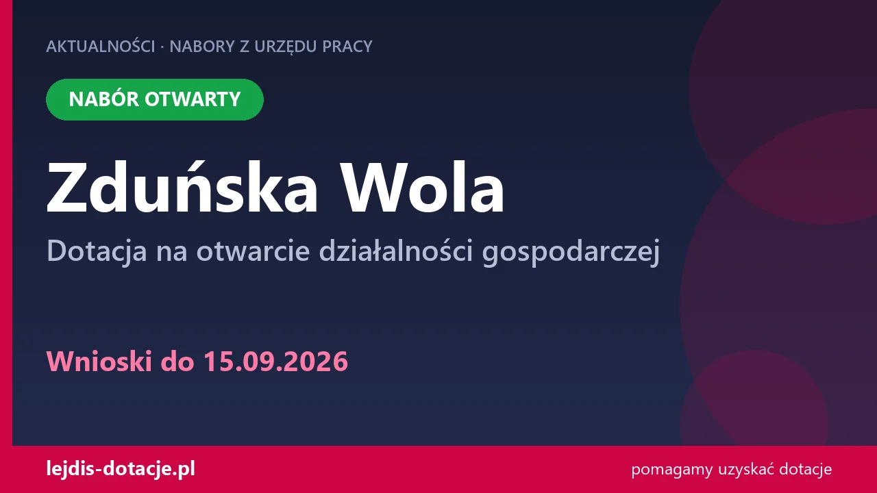PUP Zduńska Wola przyjmuje wnioski — dotacja na otwarcie działalności gospodarczej (15 września 2026)