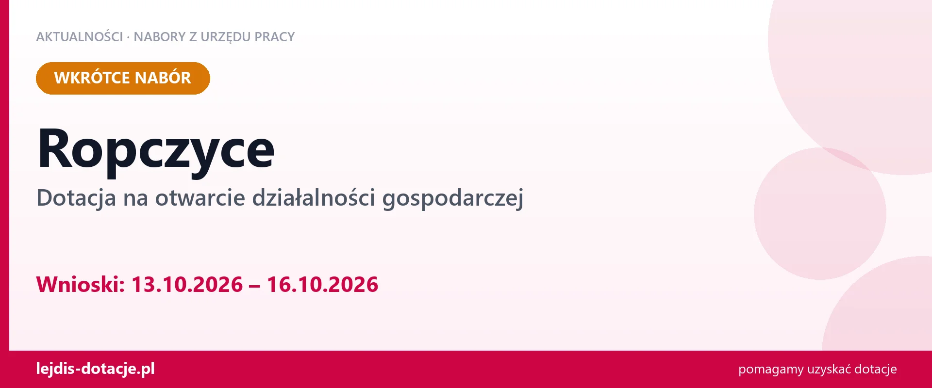 Ropczyce: od 13.10.2026 rusza nabór na dotację na otwarcie działalności gospodarczej (13 października 2026)
