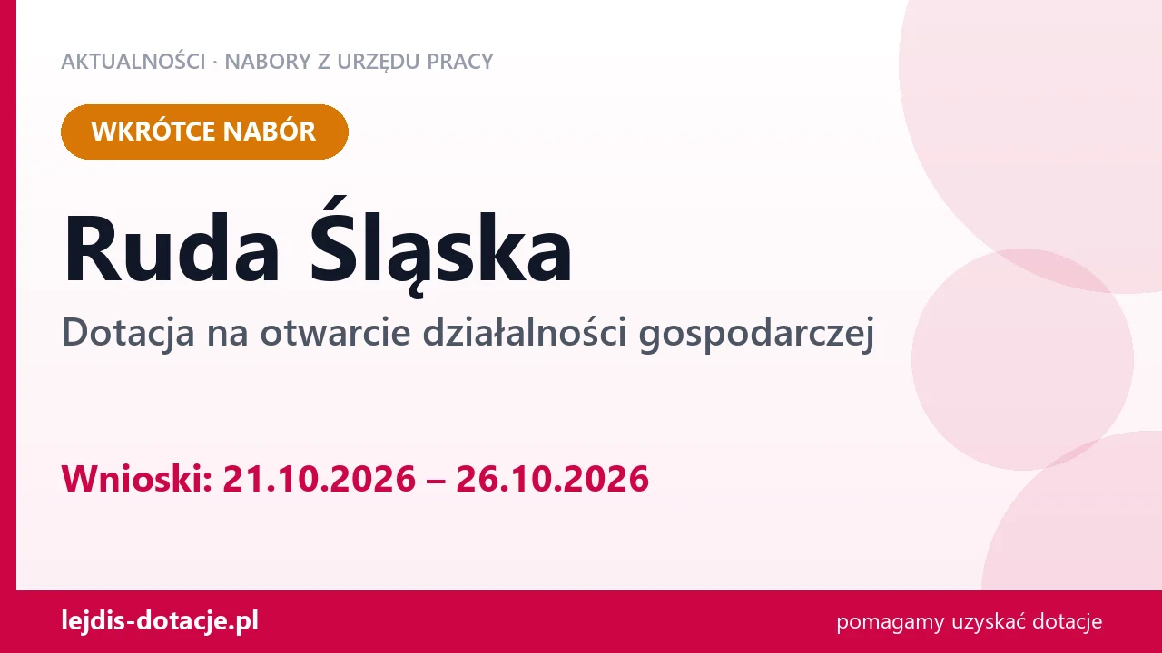 Ruda Śląska: od 21.10.2026 rusza nabór na dotację na otwarcie działalności gospodarczej (21 października 2026)