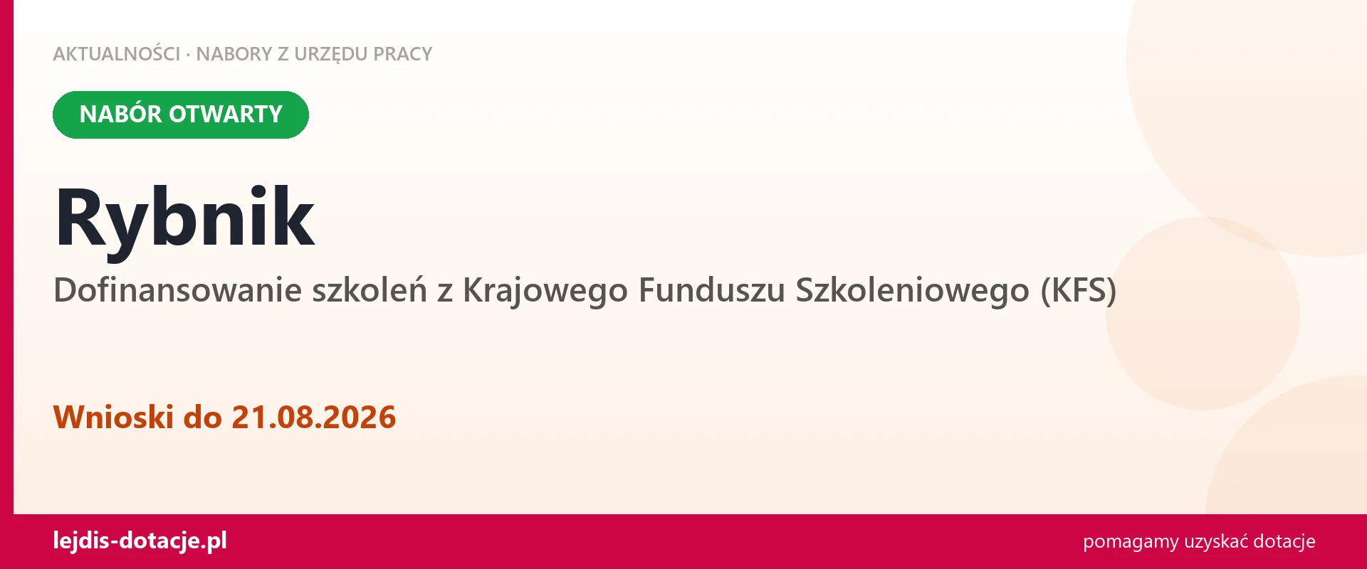 Rybnik: trwa nabór na dofinansowanie szkoleń z KFS (21 sierpnia 2026)