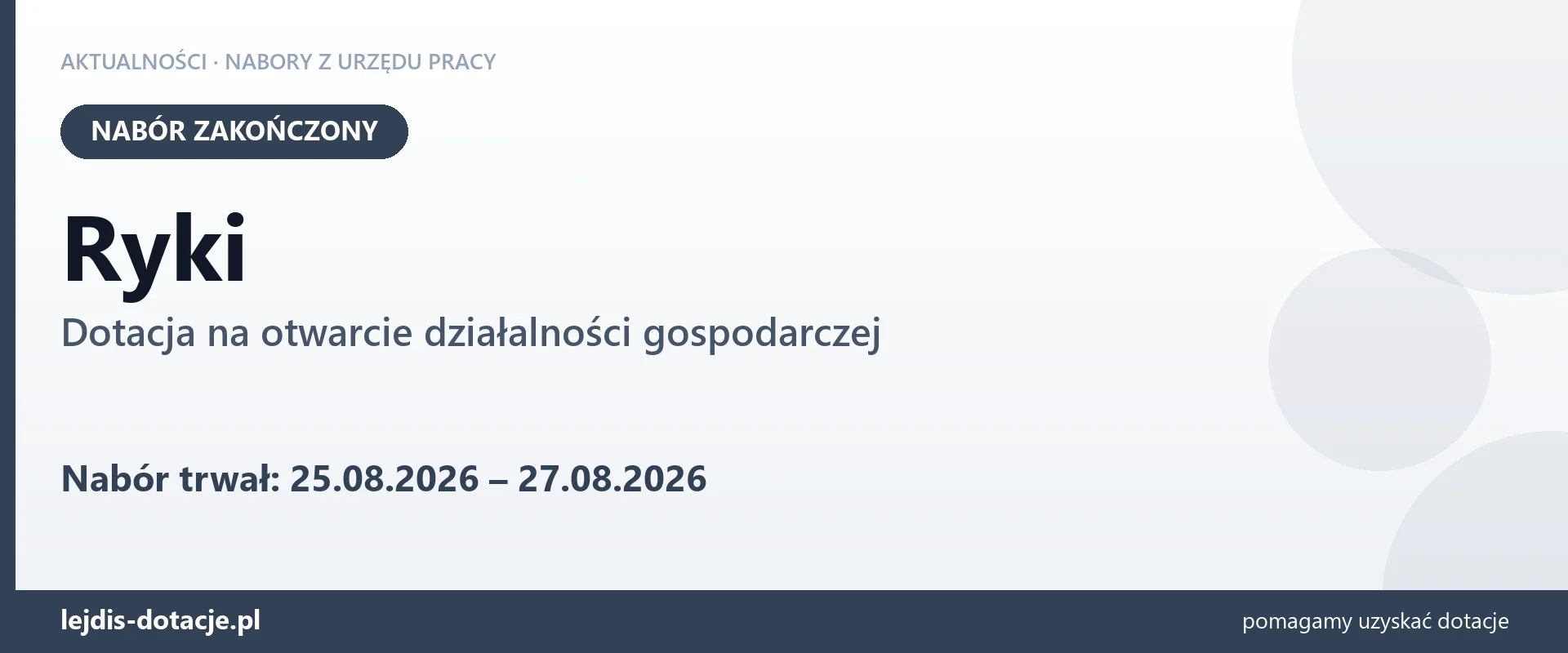 Ryki: nabór na dotację na otwarcie działalności gospodarczej zakończony (27 sierpnia 2026)